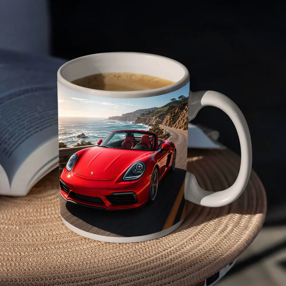 Red Porsche Boxster Speeding Coastal Highway – Mugs