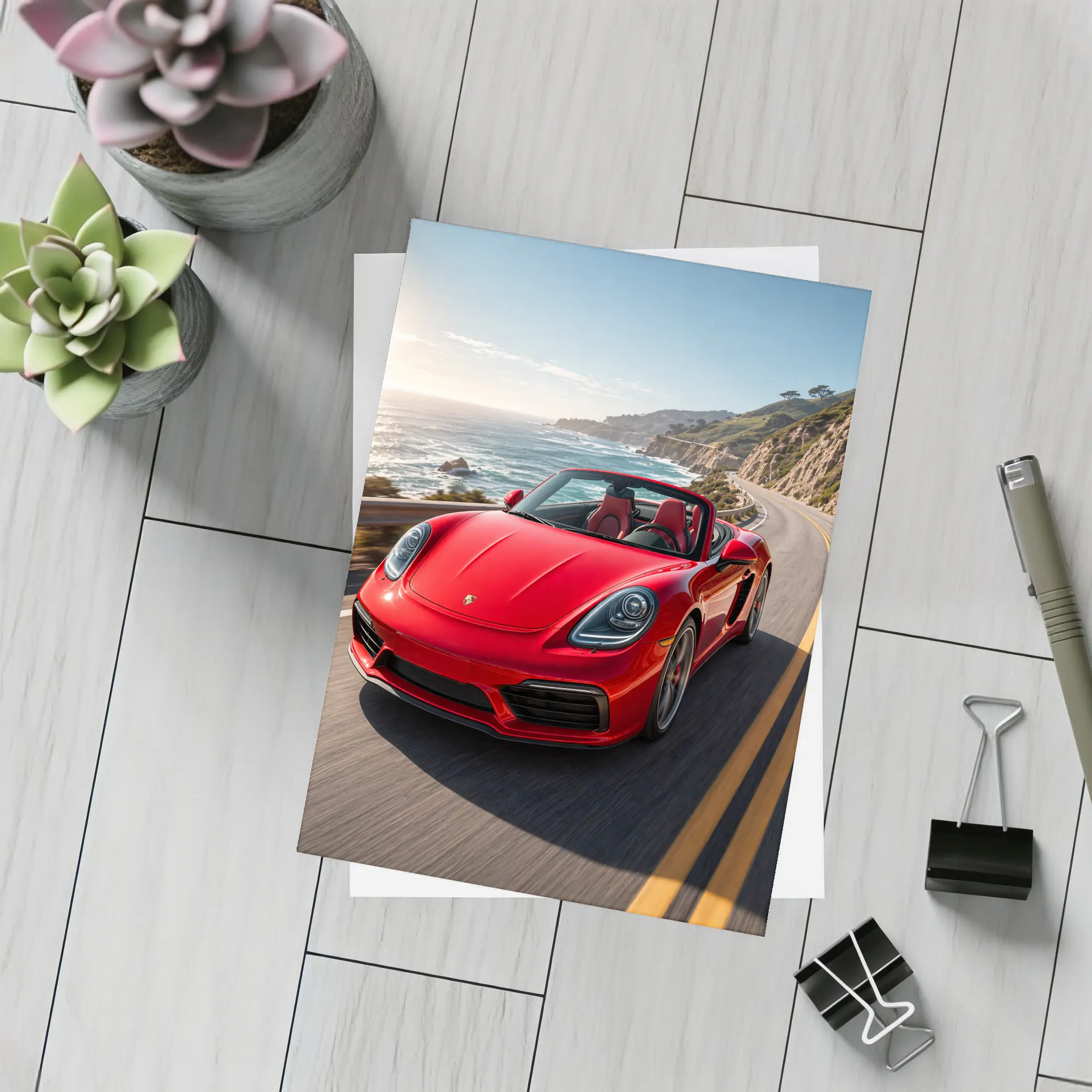 Red Porsche Boxster Speeding Coastal Highway – Postcards