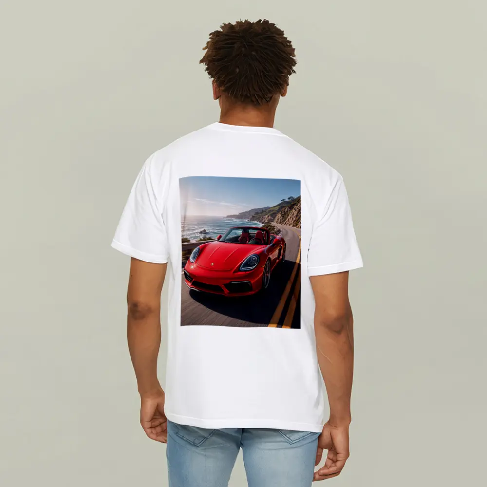 Red Porsche Boxster Speeding Coastal Highway – T-Shirts