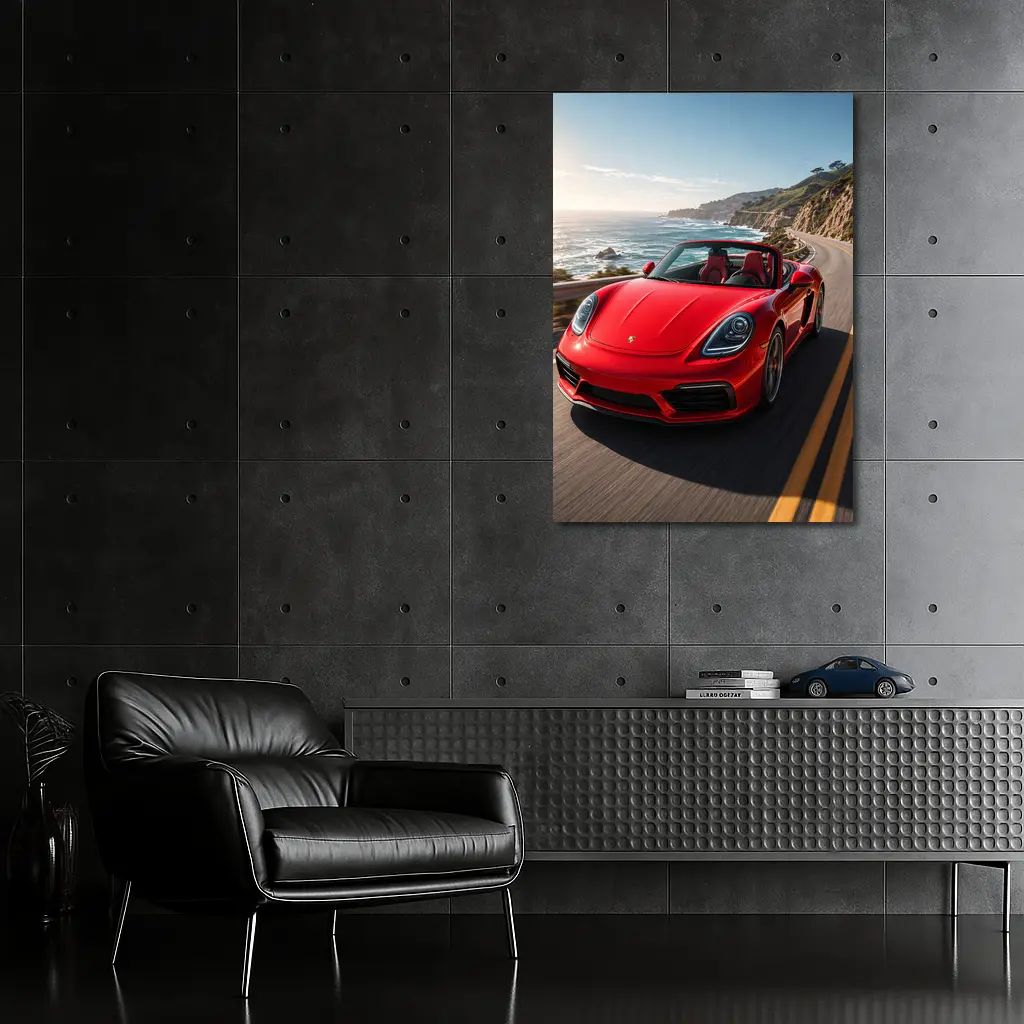Red Porsche Boxster Speeding Coastal Highway – Wall Art