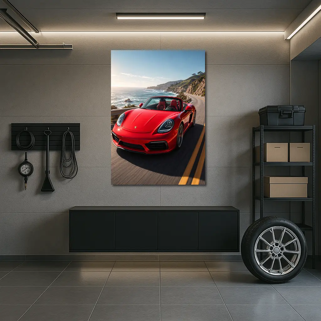 Red Porsche Boxster Speeding Coastal Highway – Wall Art