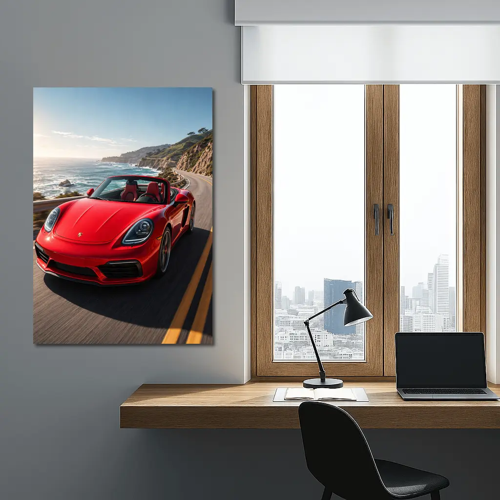 Red Porsche Boxster Speeding Coastal Highway – Wall Art