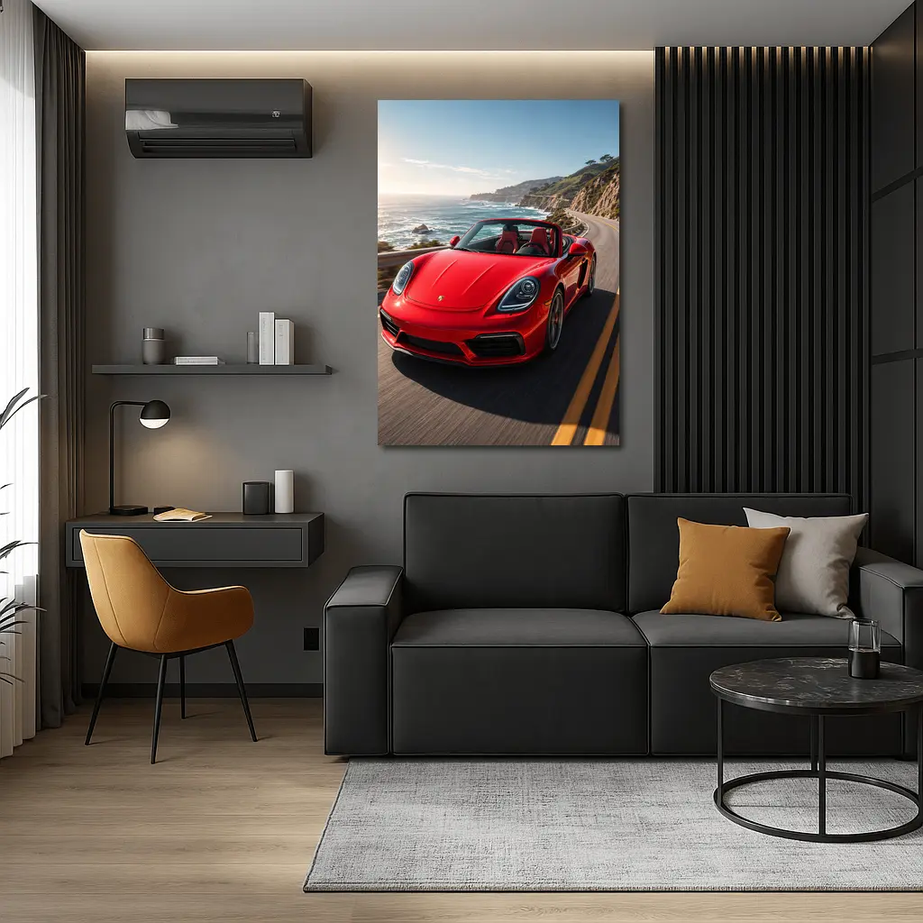 Red Porsche Boxster Speeding Coastal Highway – Wall Art
