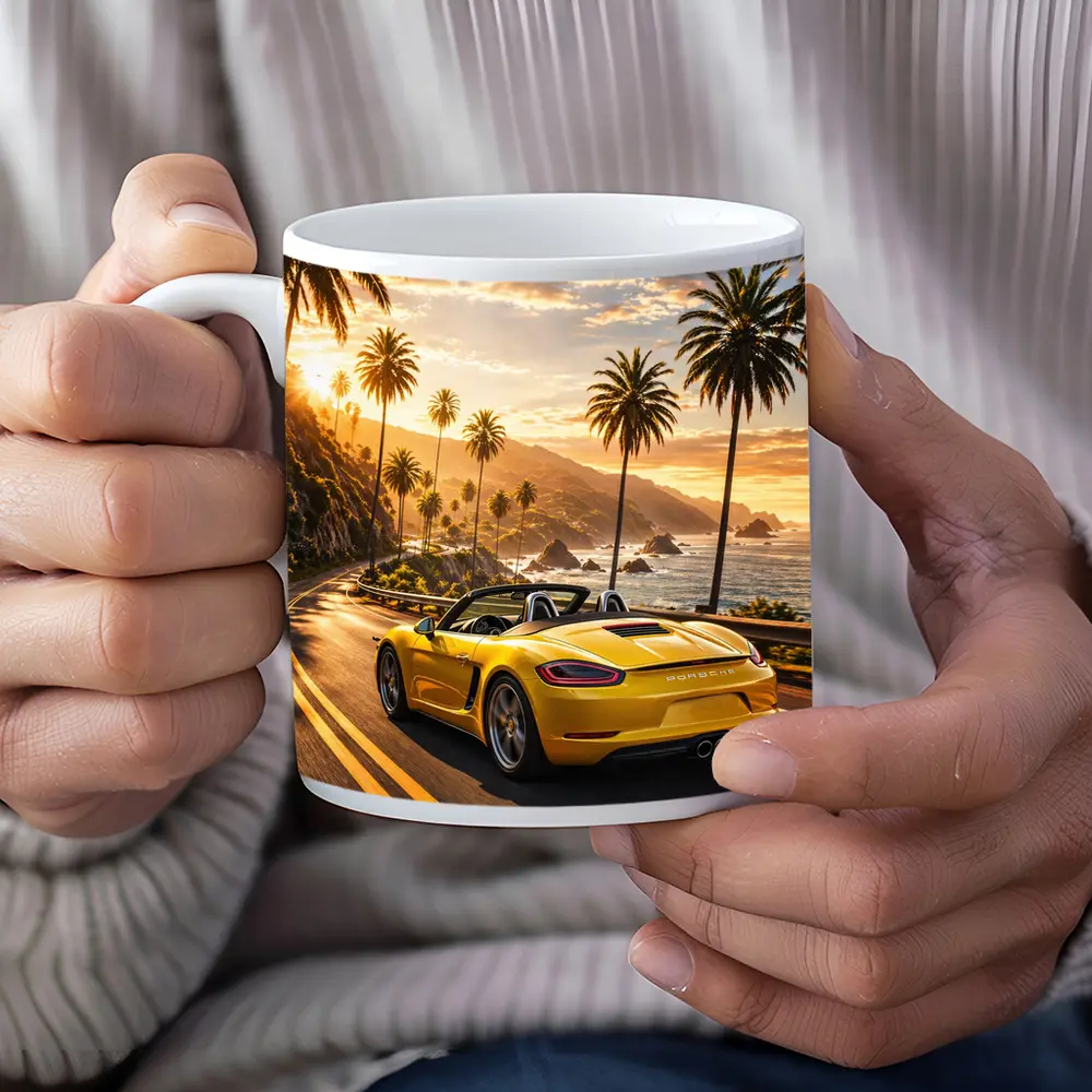 Porsche Boxster Yellow Coastal Road Sunset Drive – Mugs