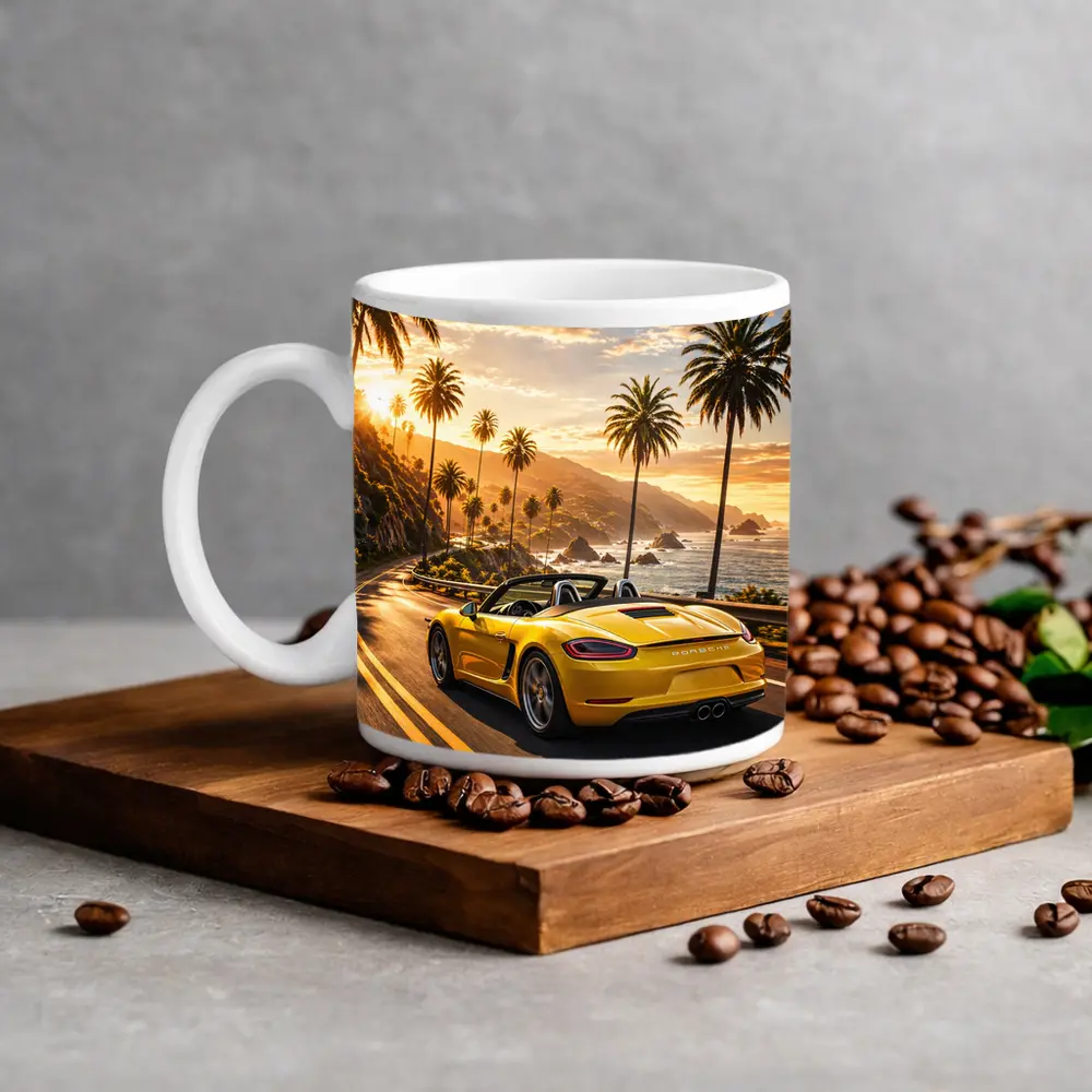Porsche Boxster Yellow Coastal Road Sunset Drive – Mugs