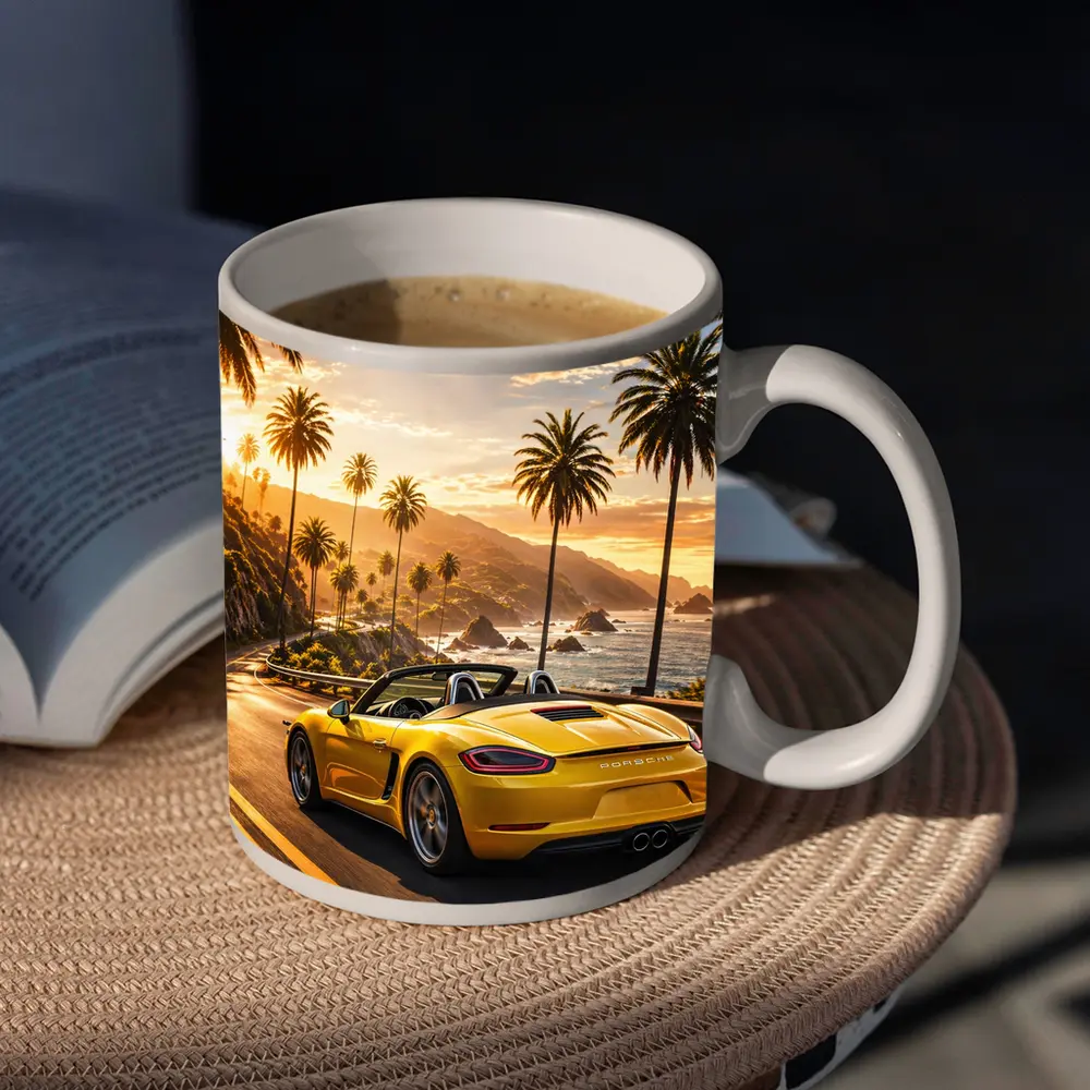 Porsche Boxster Yellow Coastal Road Sunset Drive – Mugs