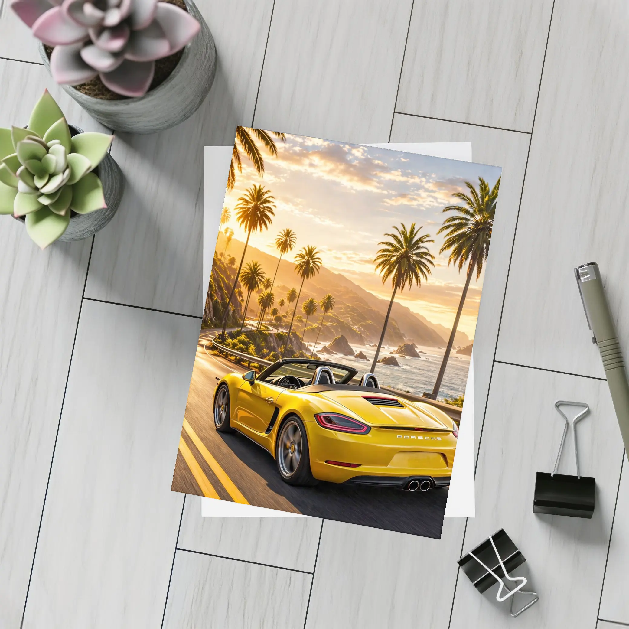 Porsche Boxster Yellow Coastal Road Sunset Drive – Postcards