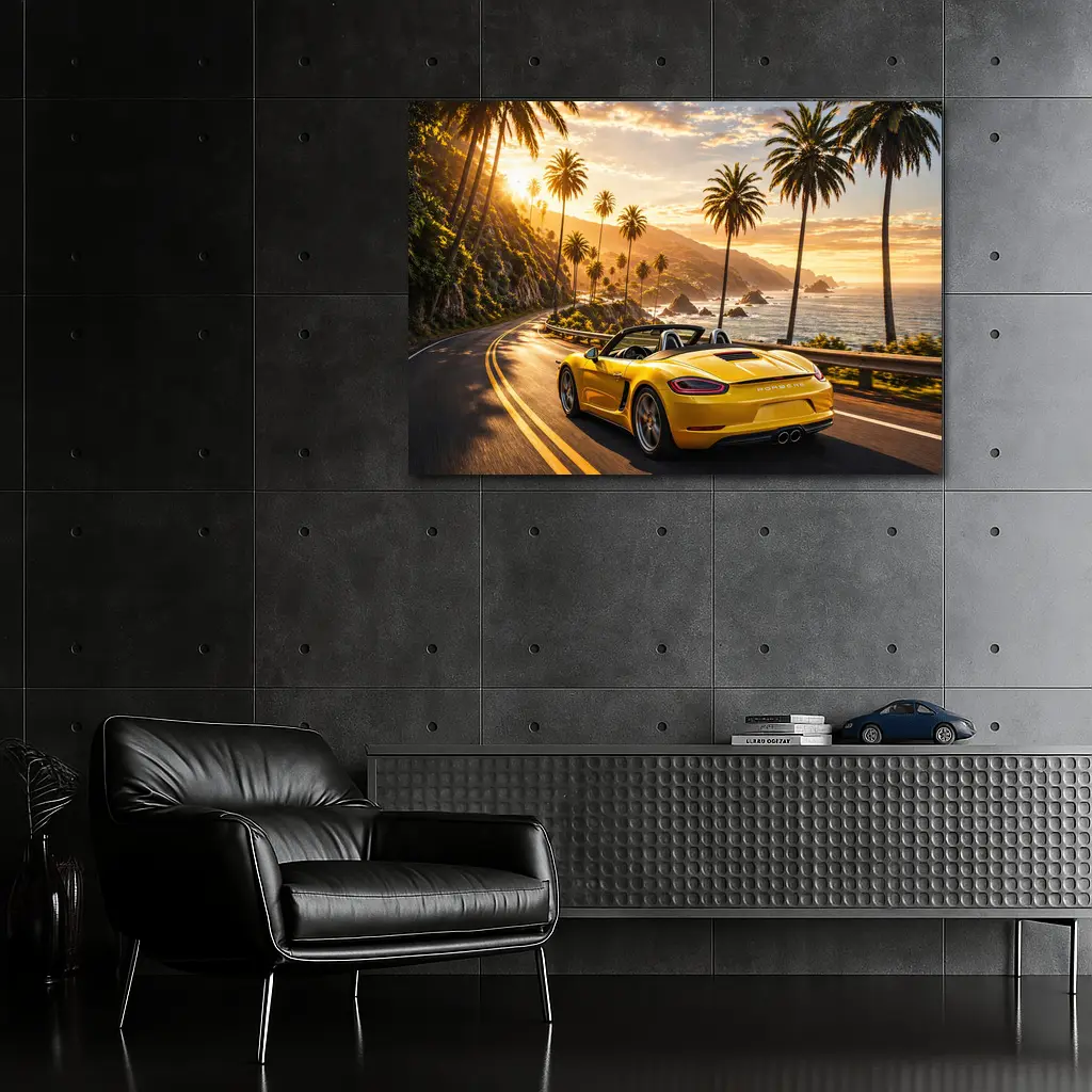 Porsche Boxster Yellow Coastal Road Sunset Drive – Wall Art