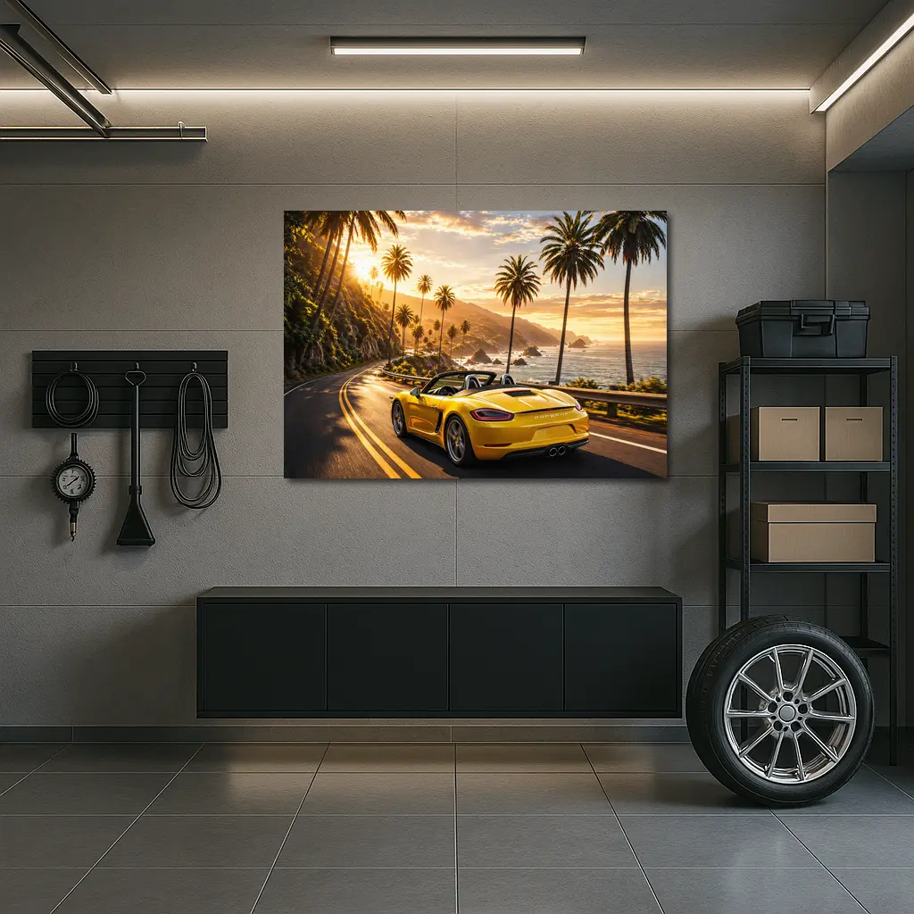 Porsche Boxster Yellow Coastal Road Sunset Drive – Wall Art