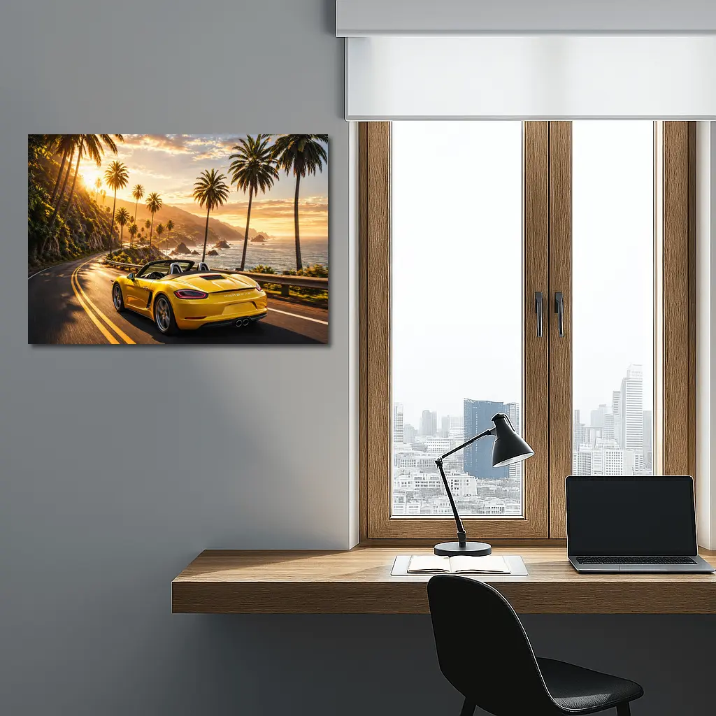 Porsche Boxster Yellow Coastal Road Sunset Drive – Wall Art