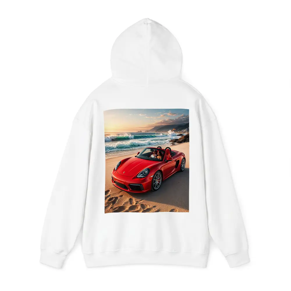 Red Porsche Boxster Parked on Sunny Beach – Hoodies