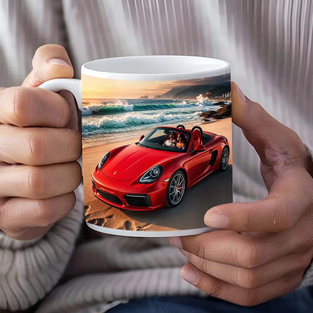 Red Porsche Boxster Parked on Sunny Beach – Mugs