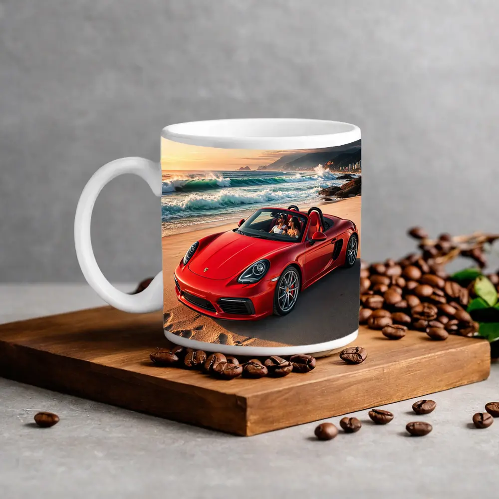 Red Porsche Boxster Parked on Sunny Beach – Mugs