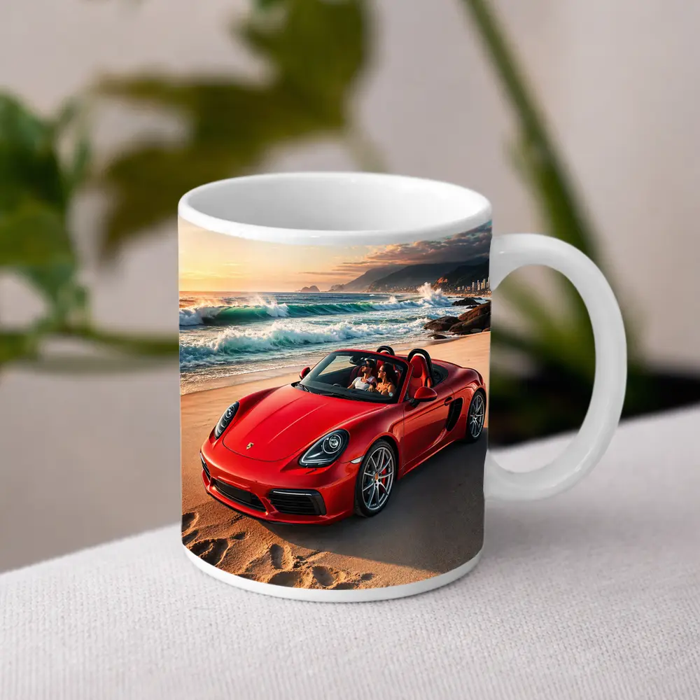 Red Porsche Boxster Parked on Sunny Beach – Mugs