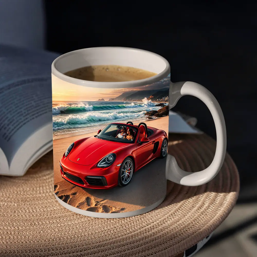 Red Porsche Boxster Parked on Sunny Beach – Mugs
