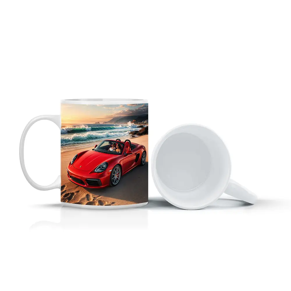 Red Porsche Boxster Parked on Sunny Beach – Mugs