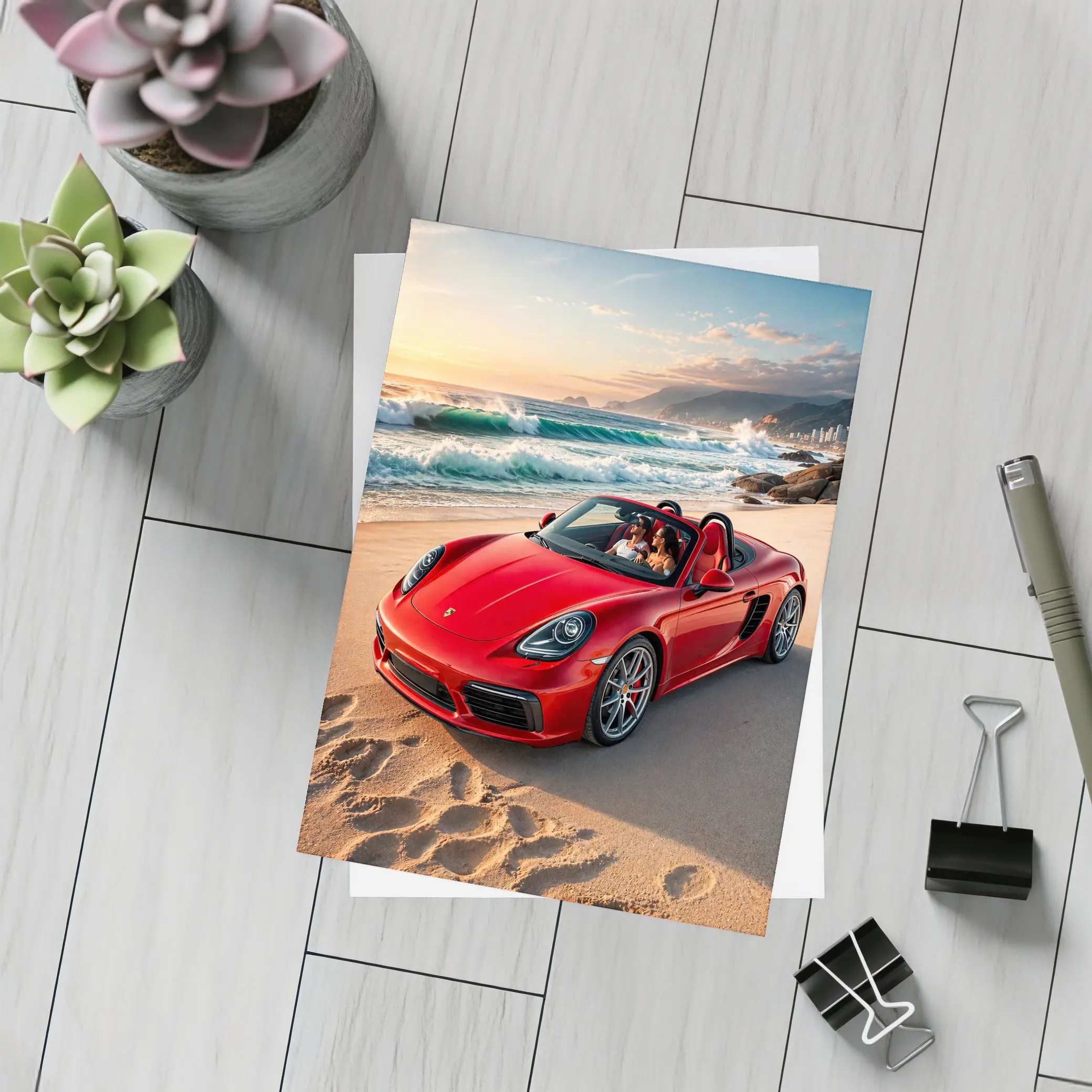 Red Porsche Boxster Parked on Sunny Beach – Postcards