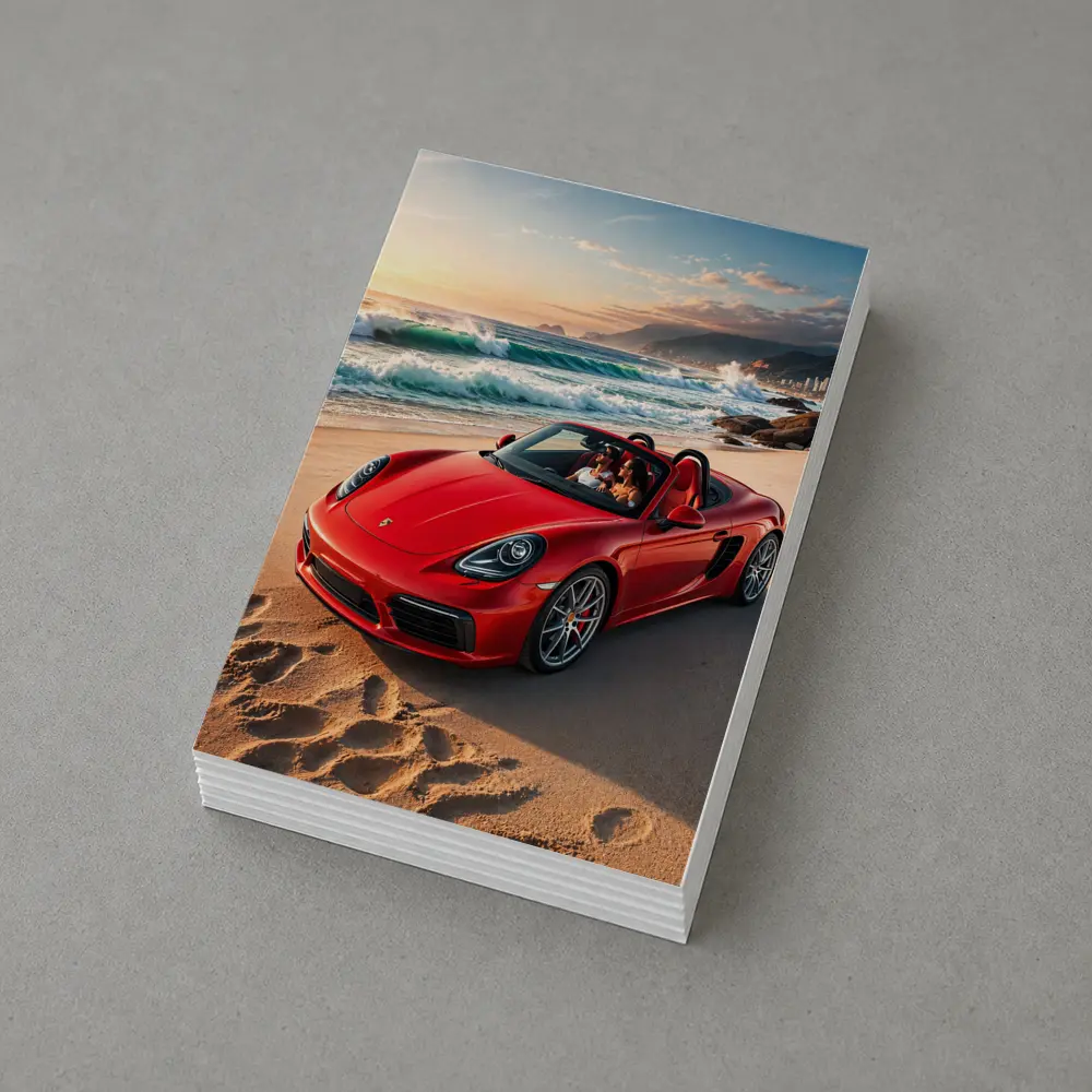 Red Porsche Boxster Parked on Sunny Beach – Postcards