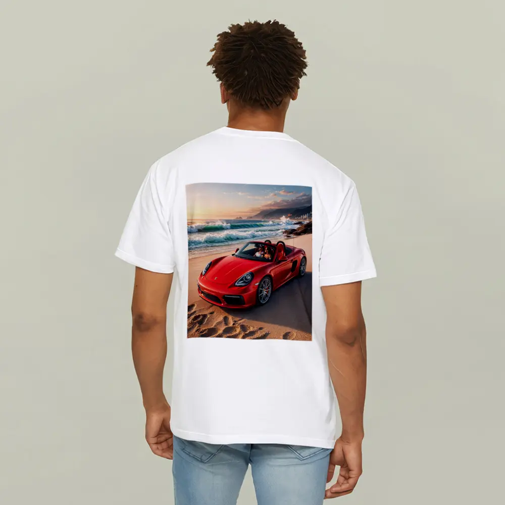 Red Porsche Boxster Parked on Sunny Beach – T-Shirts
