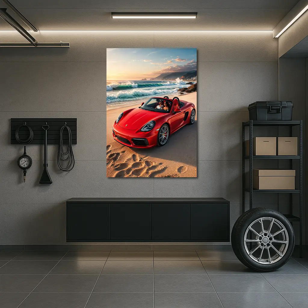 Red Porsche Boxster Parked on Sunny Beach – Wall Art