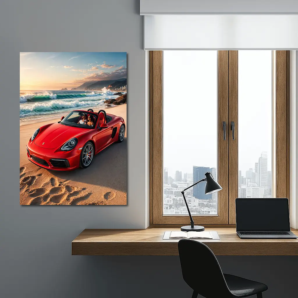 Red Porsche Boxster Parked on Sunny Beach – Wall Art