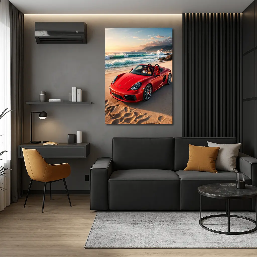 Red Porsche Boxster Parked on Sunny Beach – Wall Art