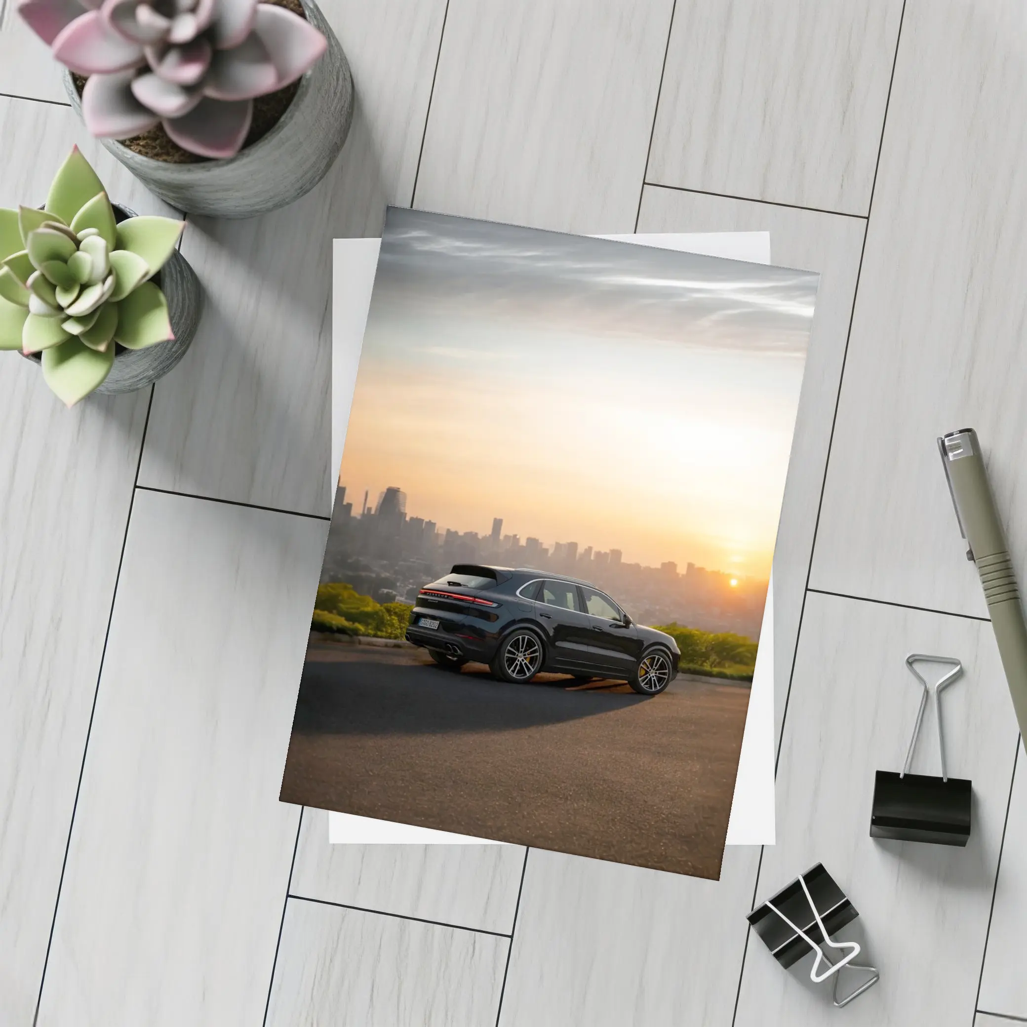 Porsche Cayenne City Skyline Sunset View – Postcards