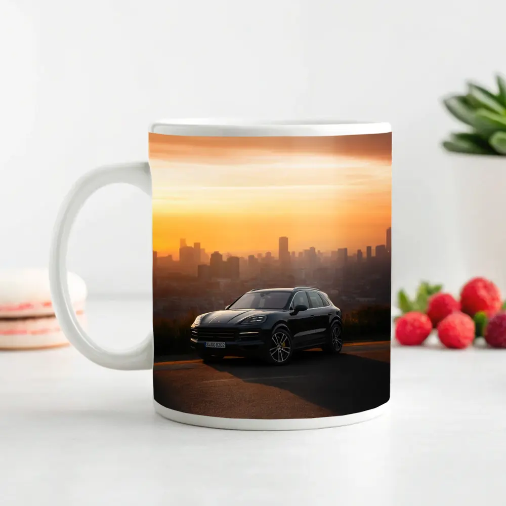 Porsche Cayenne Black City Sunset Skyline – Mugs