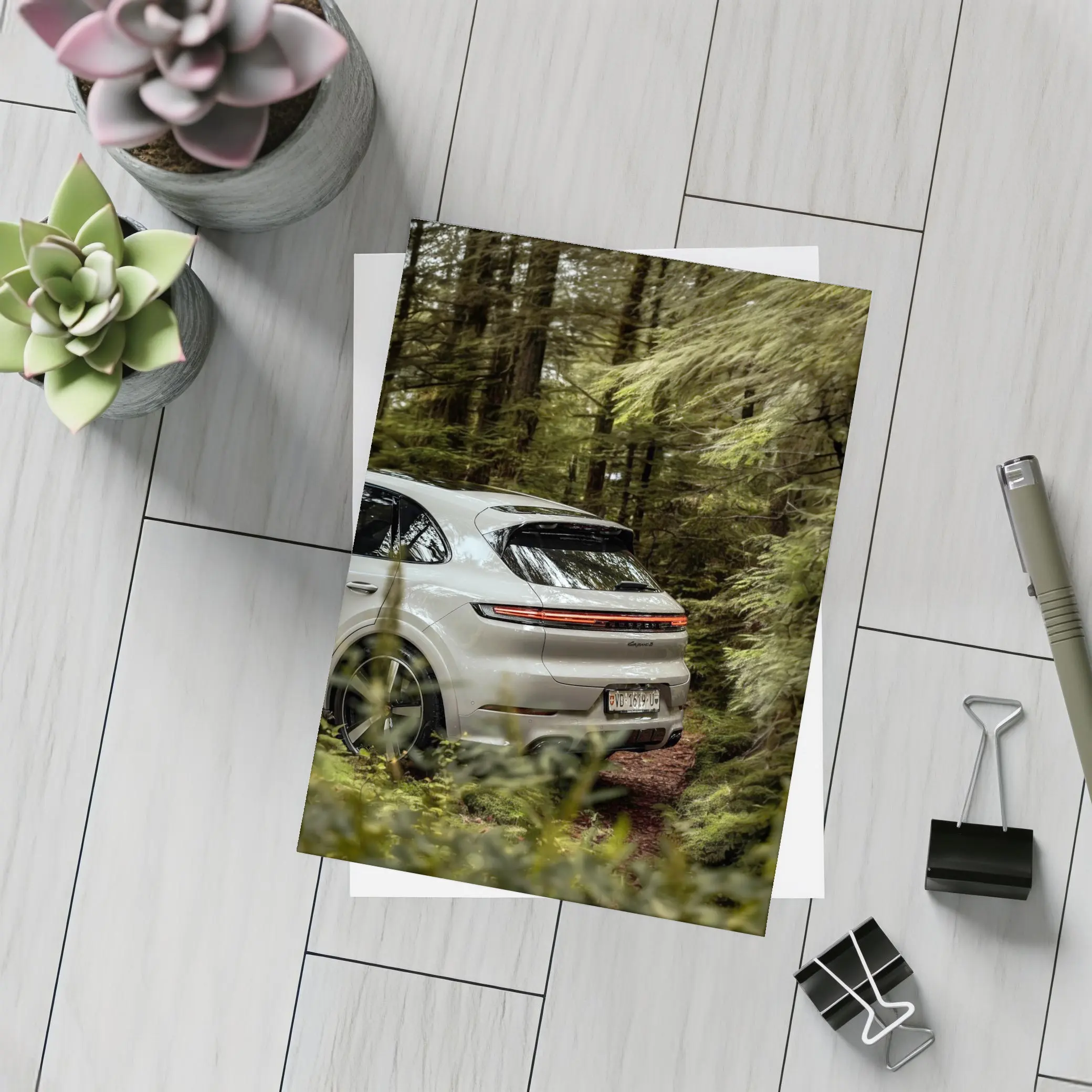 Porsche Cayenne Coupe Silver Forest Setting – Postcards