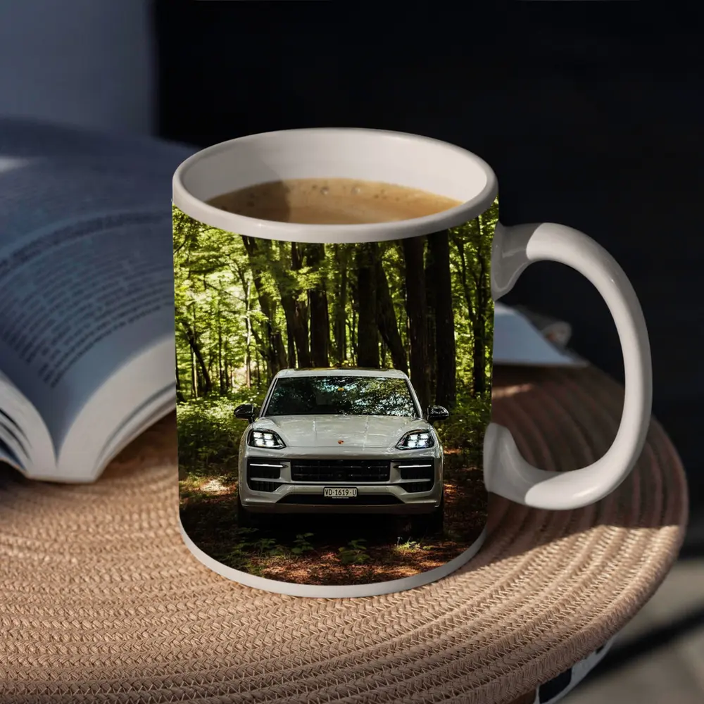 Porsche Cayenne Front View Forest Setting – Mugs
