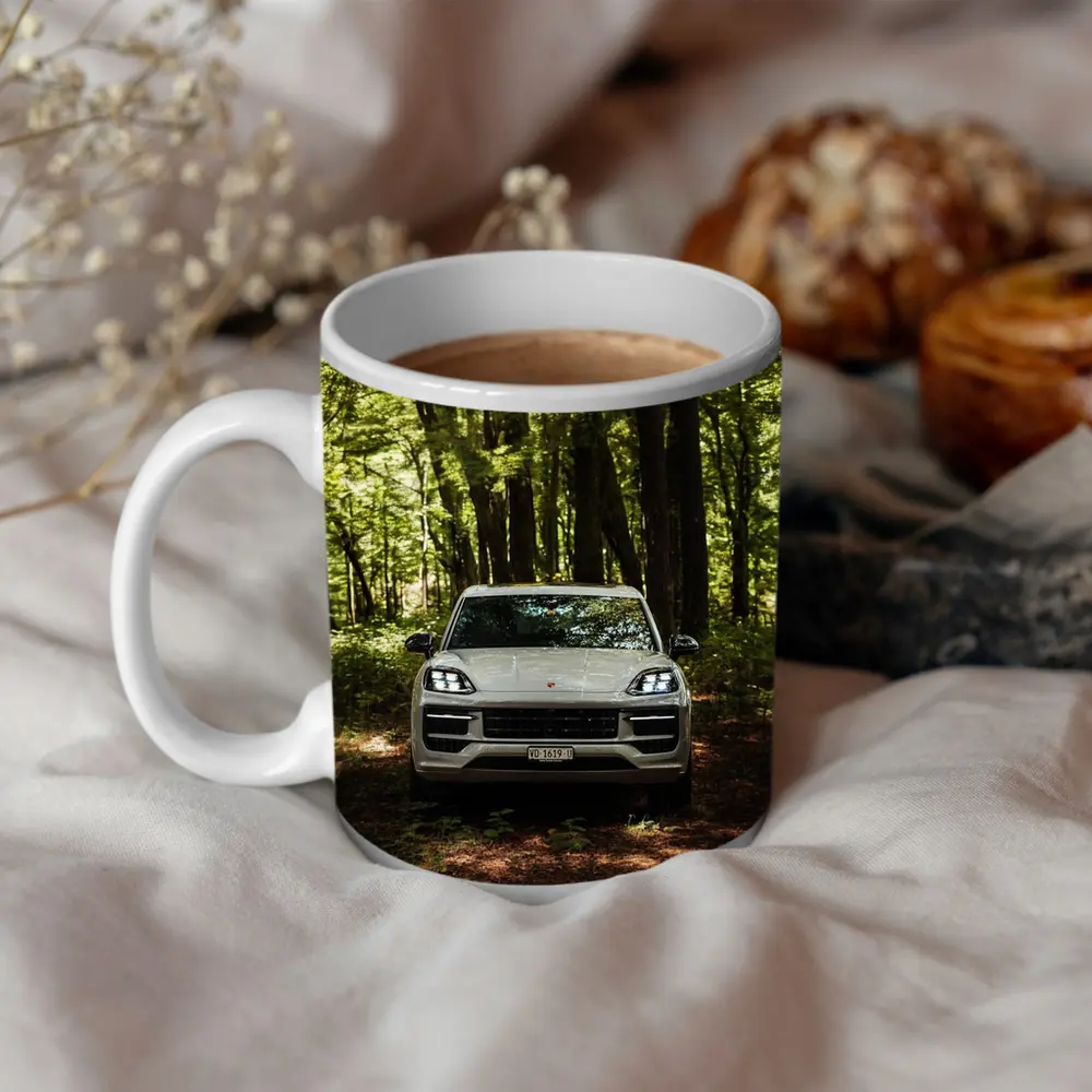 Porsche Cayenne Front View Forest Setting – Mugs