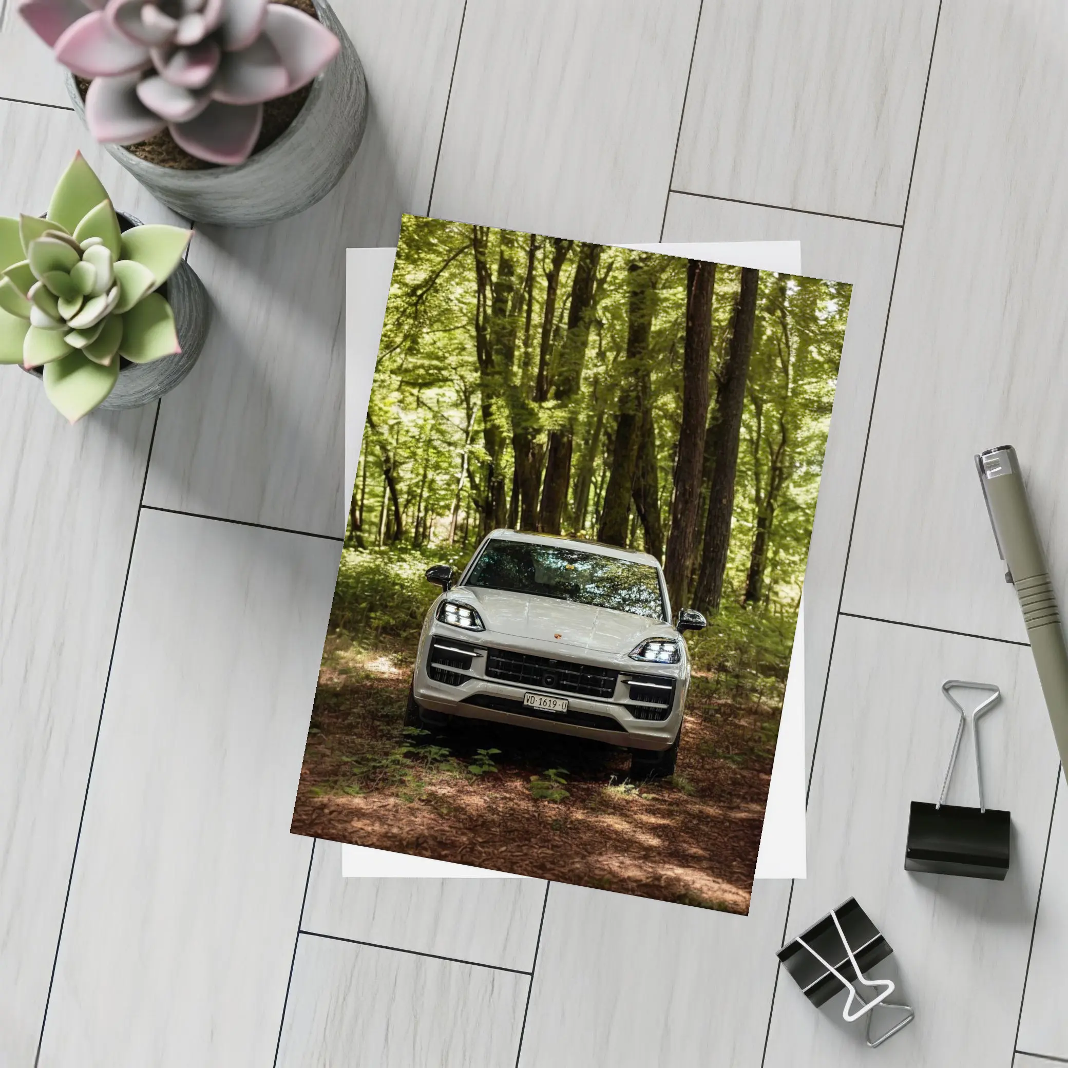 Porsche Cayenne Front View Forest Setting – Postcards