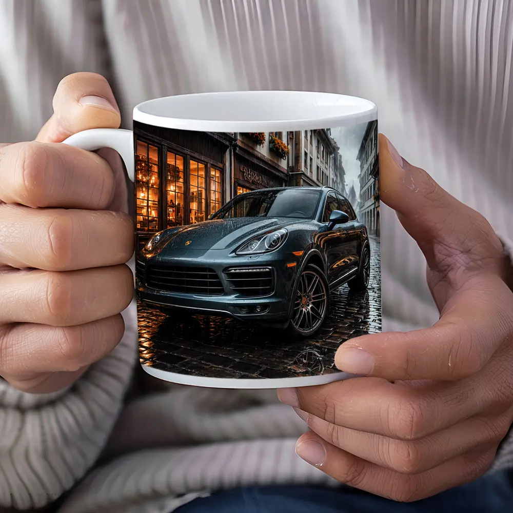 Porsche Cayenne Rainy Cobblestone European Street – Mugs