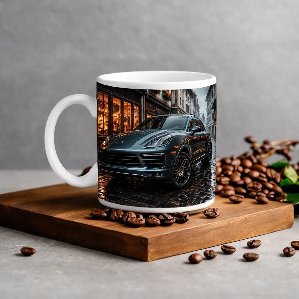 Porsche Cayenne Rainy Cobblestone European Street – Mugs
