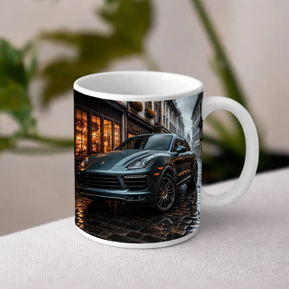 Porsche Cayenne Rainy Cobblestone European Street – Mugs
