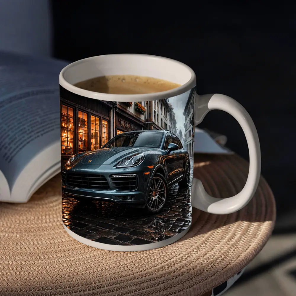 Porsche Cayenne Rainy Cobblestone European Street – Mugs