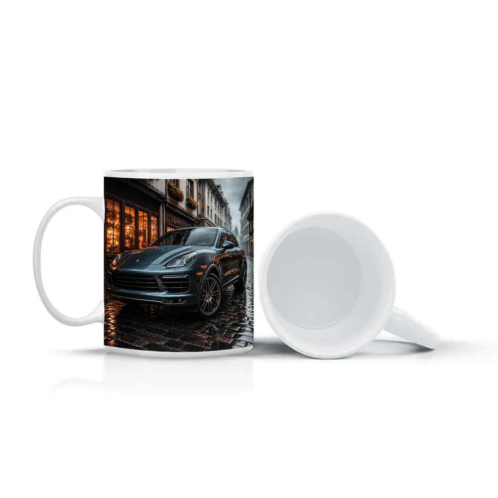 Porsche Cayenne Rainy Cobblestone European Street – Mugs