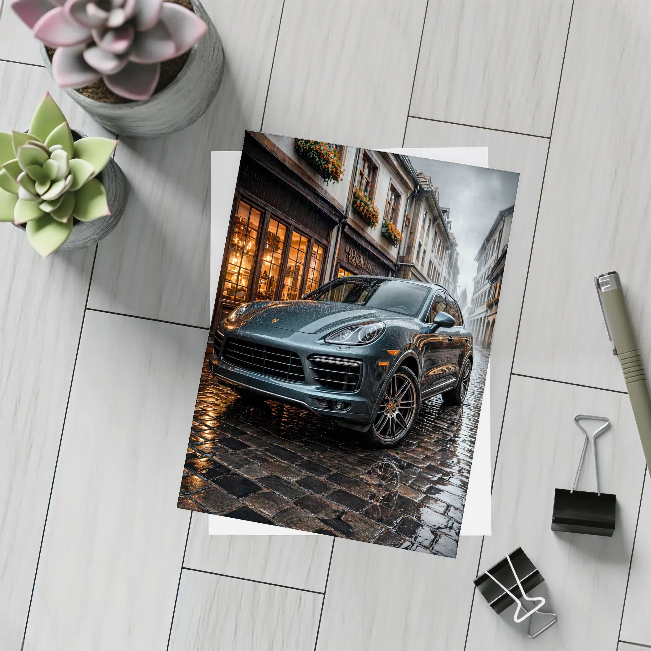 Porsche Cayenne Rainy Cobblestone European Street – Postcards