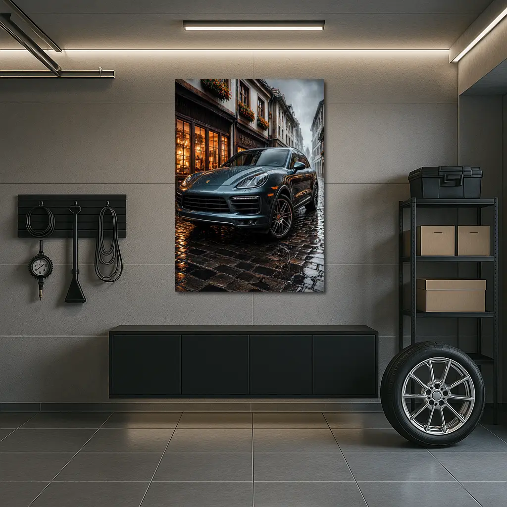 Porsche Cayenne Rainy Cobblestone European Street – Wall Art