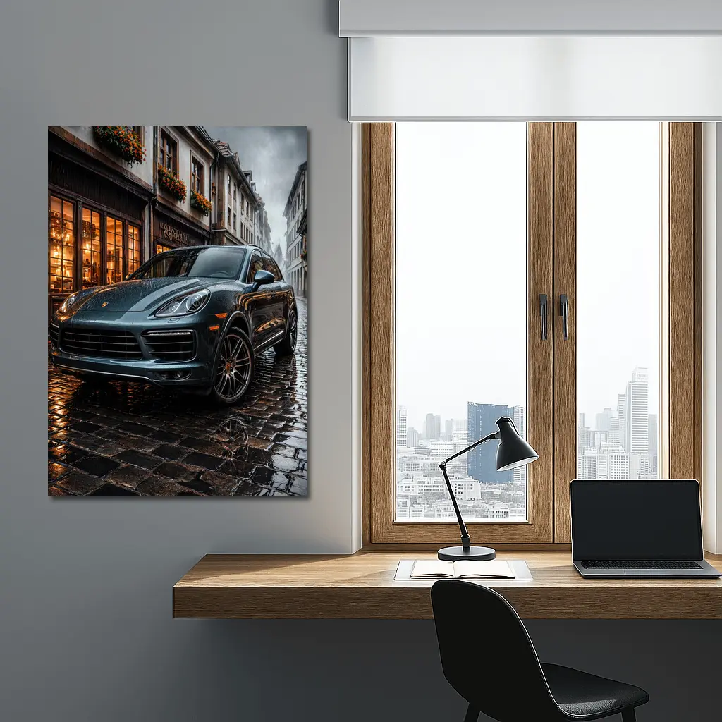 Porsche Cayenne Rainy Cobblestone European Street – Wall Art