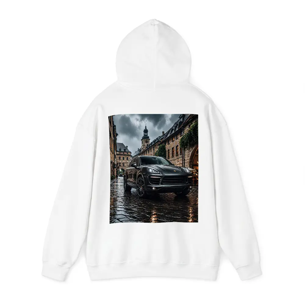Porsche Cayenne Black Rainy European Cobblestone Street – Hoodies