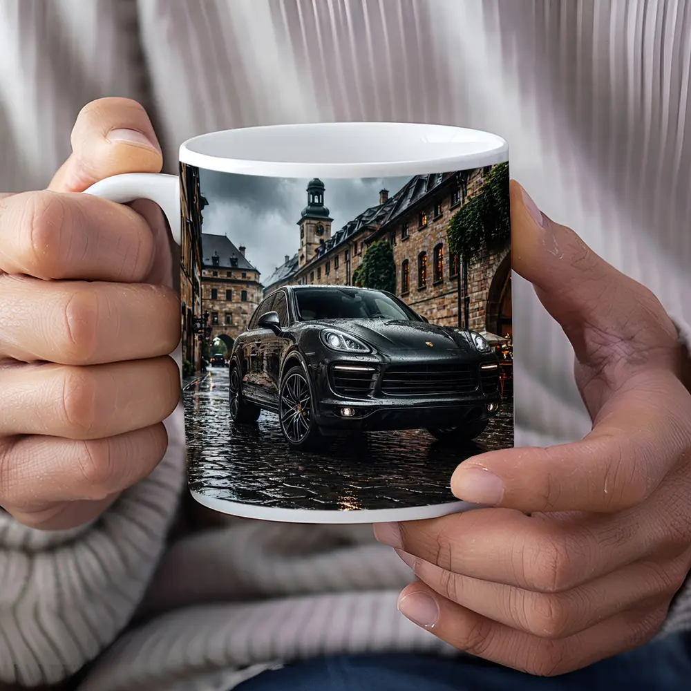 Porsche Cayenne Black Rainy European Cobblestone Street – Mugs