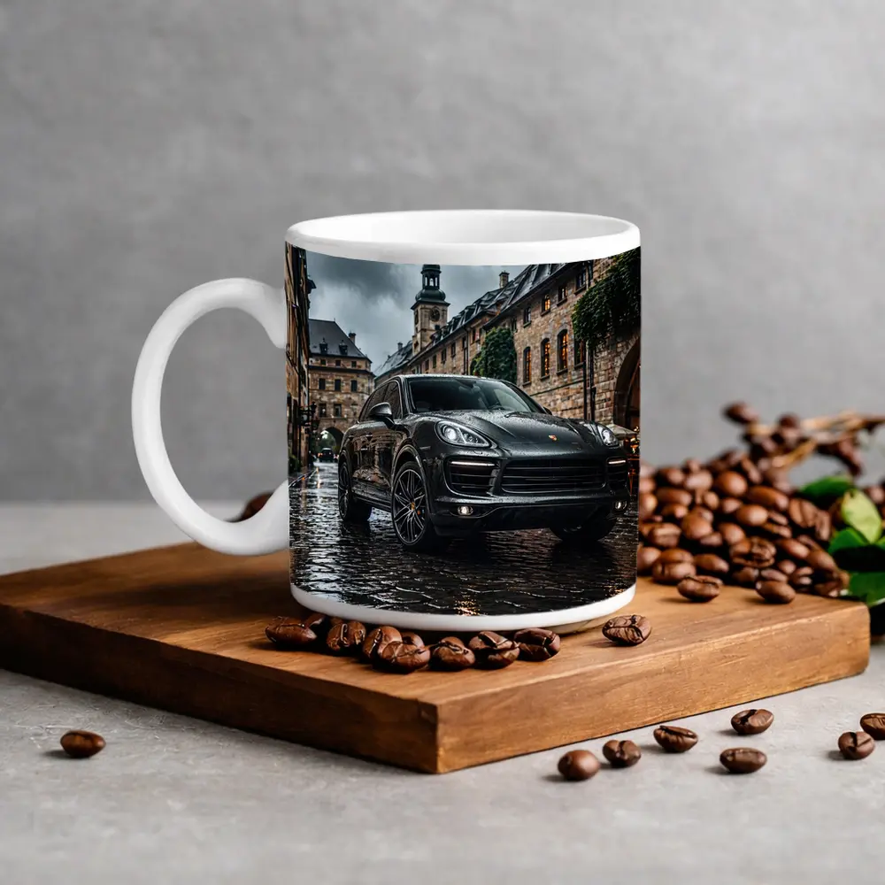 Porsche Cayenne Black Rainy European Cobblestone Street – Mugs