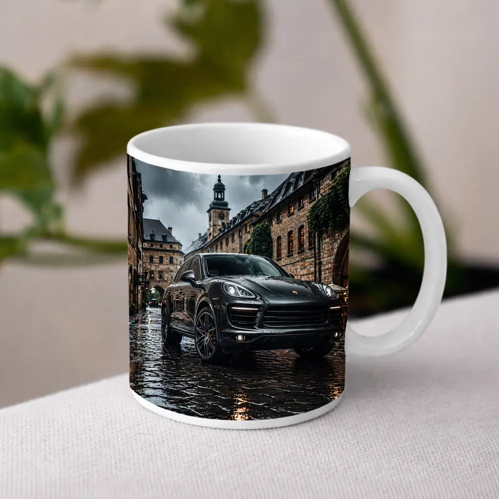 Porsche Cayenne Black Rainy European Cobblestone Street – Mugs