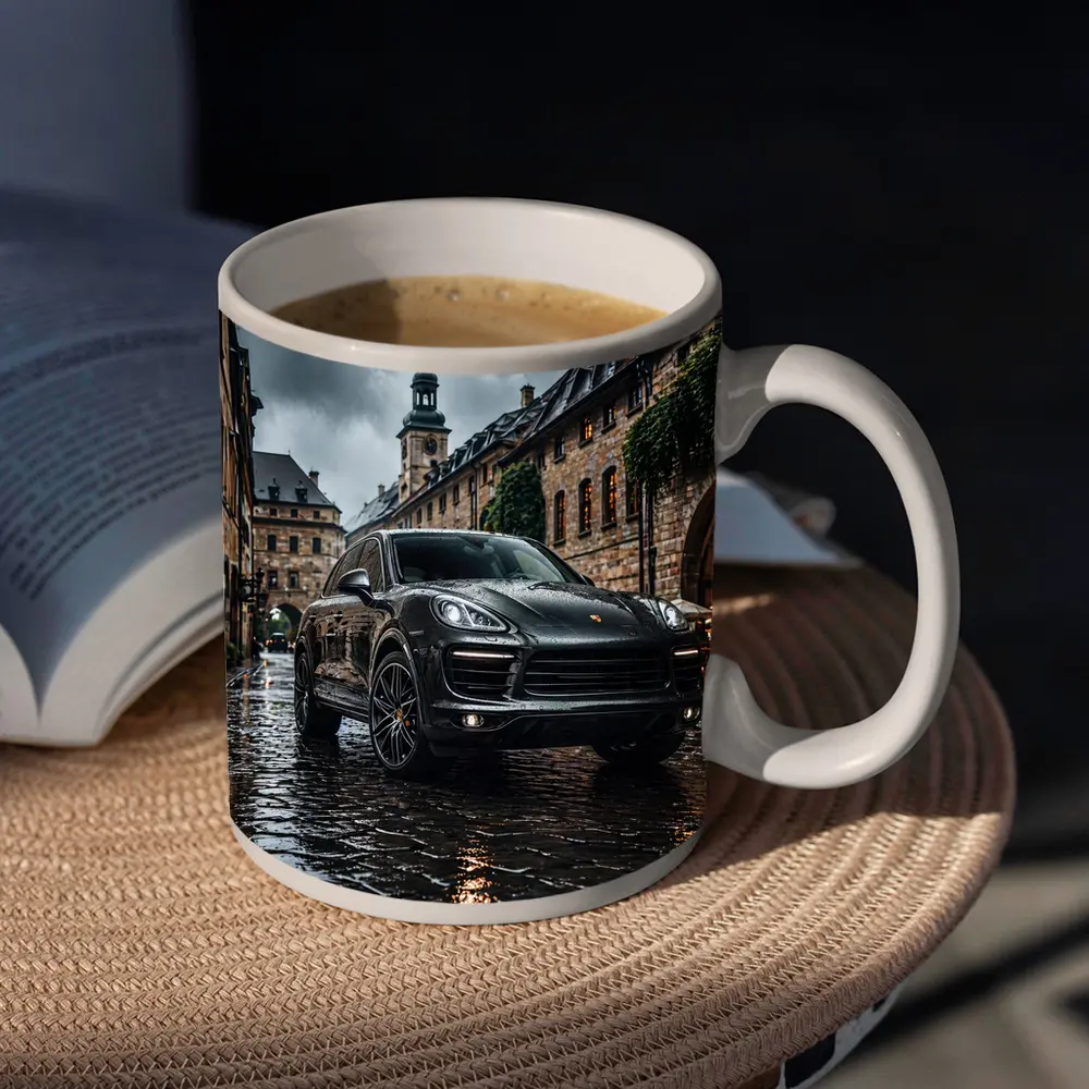 Porsche Cayenne Black Rainy European Cobblestone Street – Mugs