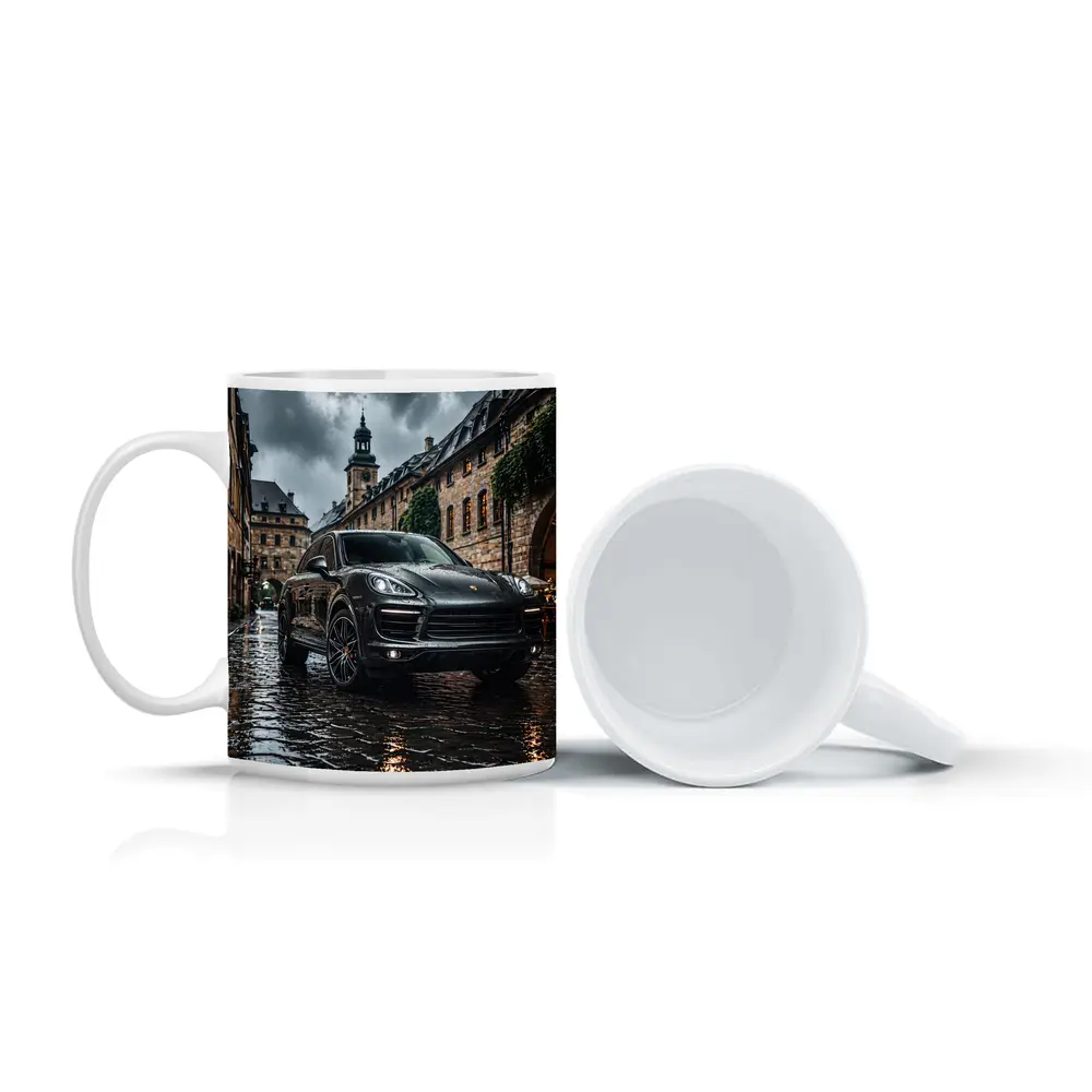 Porsche Cayenne Black Rainy European Cobblestone Street – Mugs
