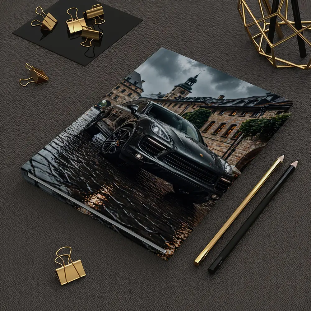 Porsche Cayenne Black Rainy European Cobblestone Street – Notebooks