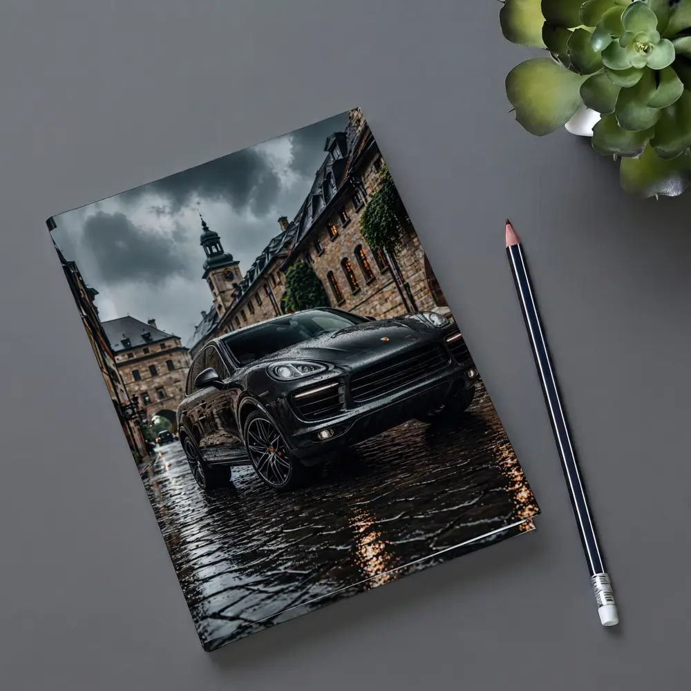 Porsche Cayenne Black Rainy European Cobblestone Street – Notebooks