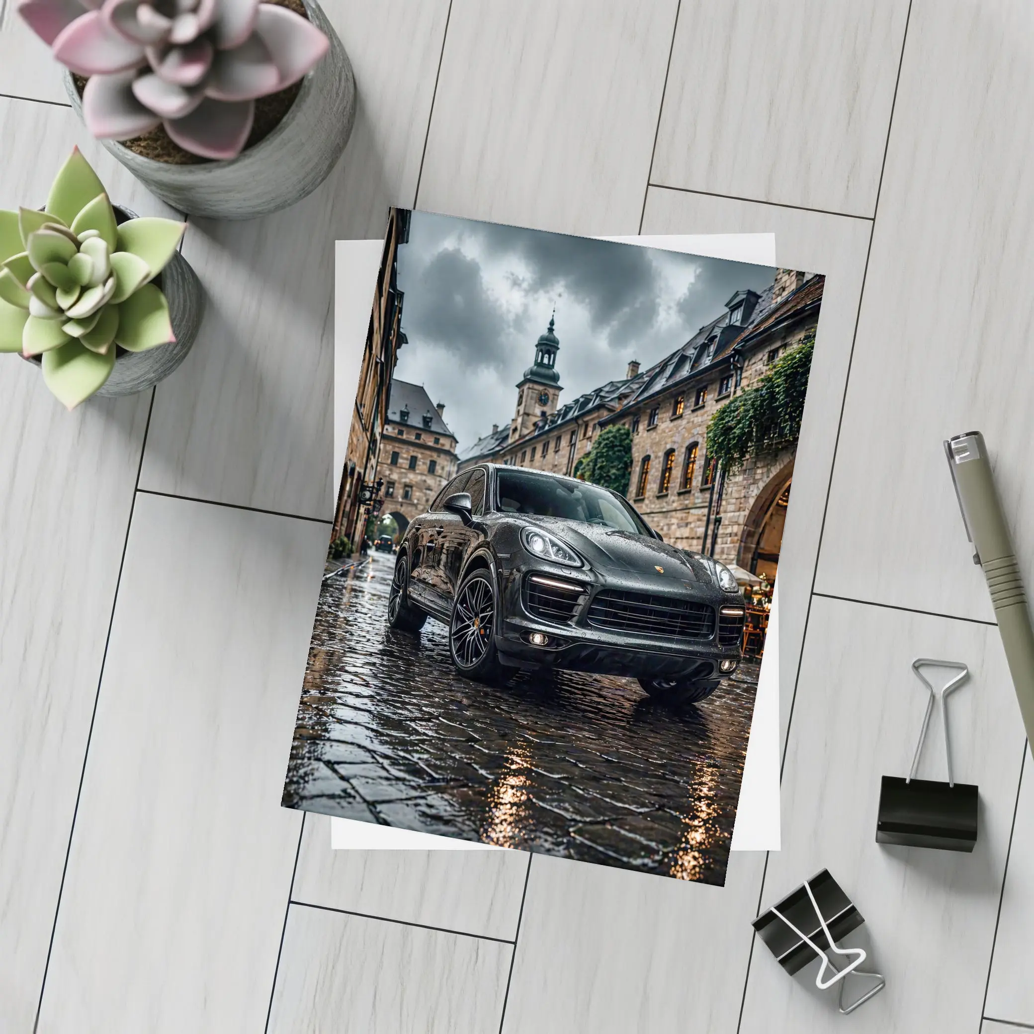 Porsche Cayenne Black Rainy European Cobblestone Street – Postcards