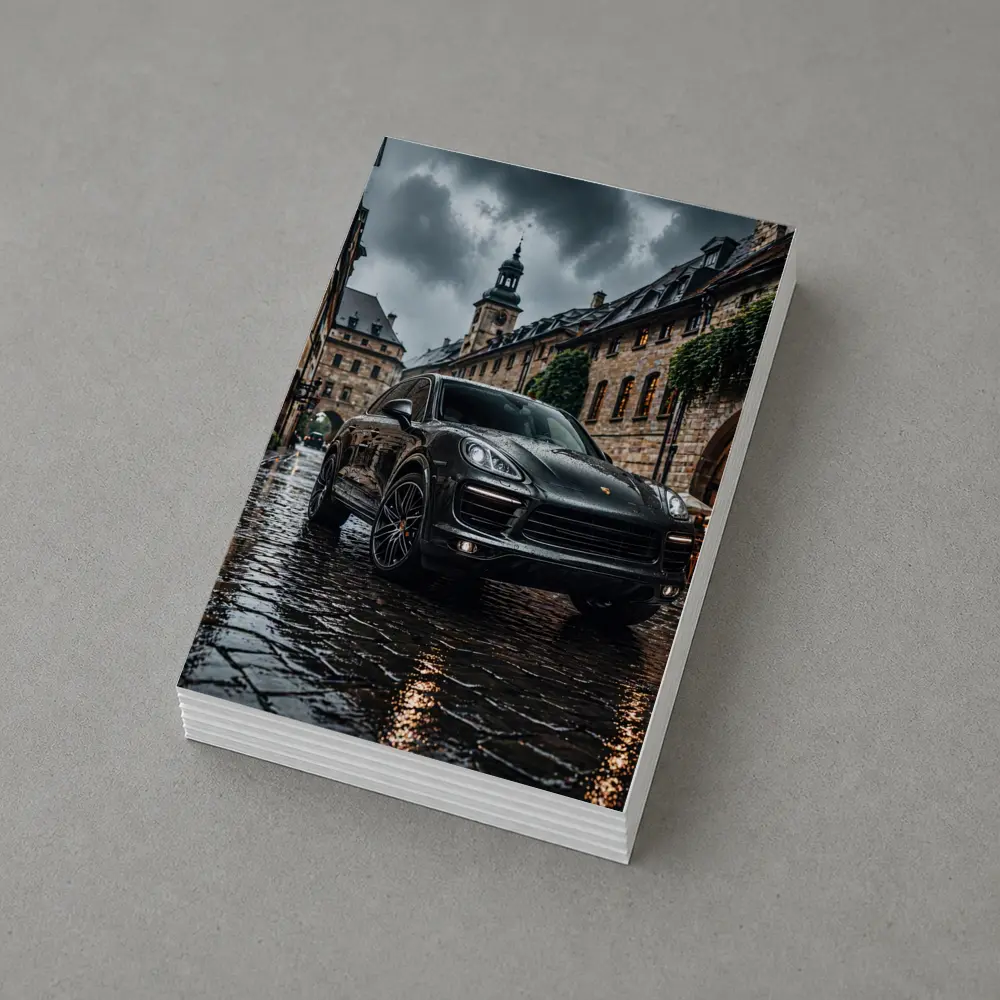 Porsche Cayenne Black Rainy European Cobblestone Street – Postcards